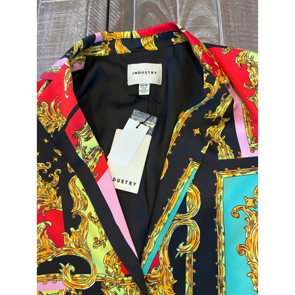 Industry Womens Baroque Print Blazer Multicolor Single Button Jacket XS NEW